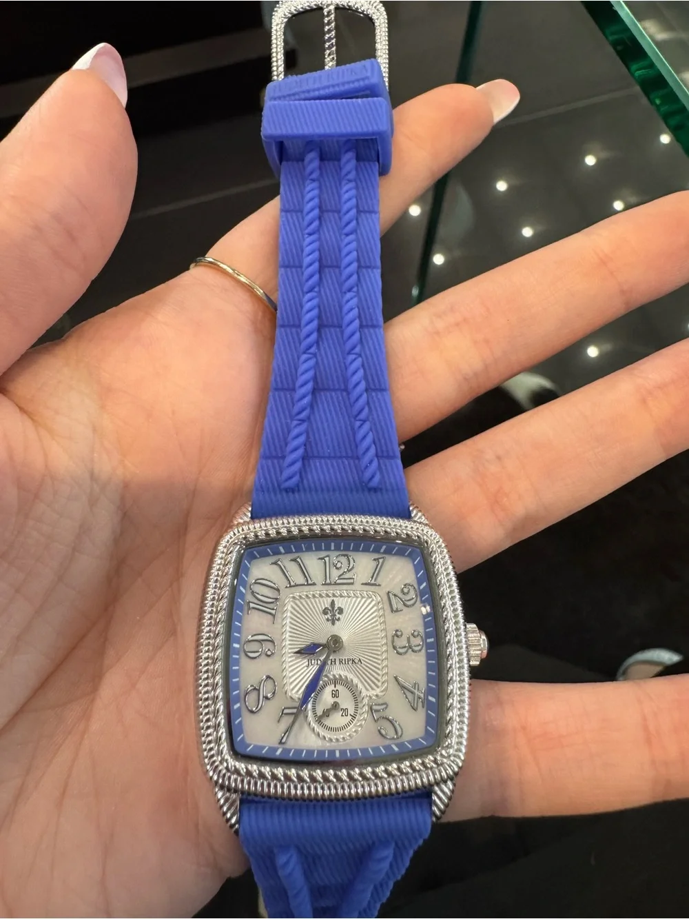 Judith Ripka Stainless Steel Square Watch w/ Purple Silicone Strap & Accent Dial